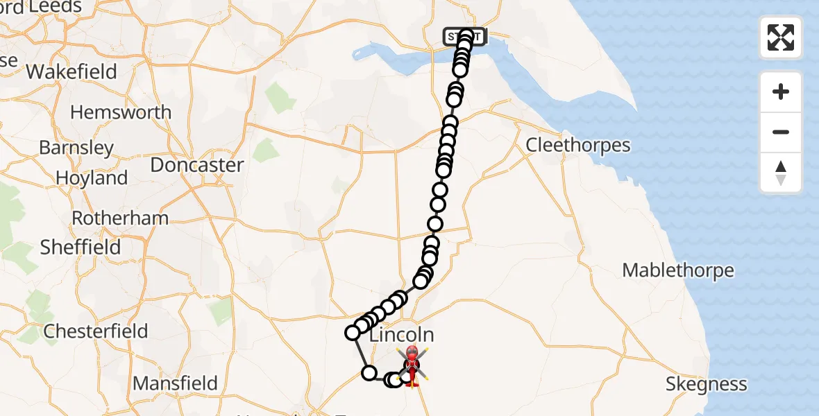 Flight path map showing Air Ambulance Helicopter route from Hull Royal Infirmary to North Kesteven