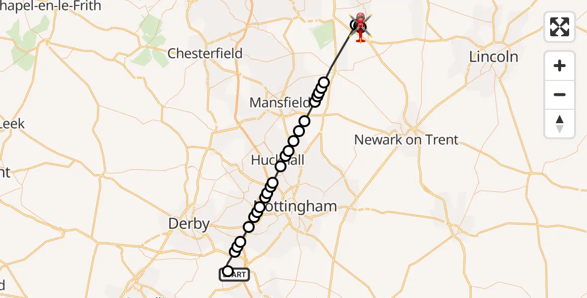 Flight path map showing Air Ambulance Helicopter route from East Midlands Airport to Retford Gamston Airport