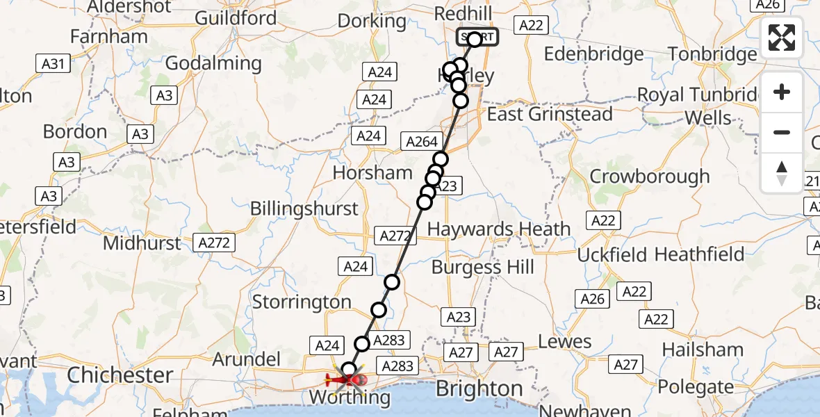 Flight path map showing Air Ambulance Helicopter route from Redhill Aerodrome to Worthing