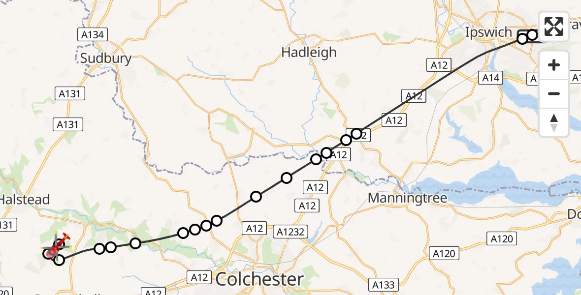 Flight path map showing Air Ambulance Helicopter route from Ipswich Hospital to Earls Colne Airfield