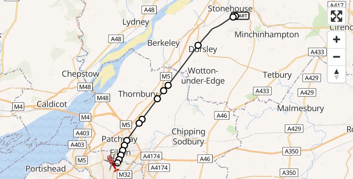 Flight path map showing Air Ambulance Helicopter route from Stroud to Bristol