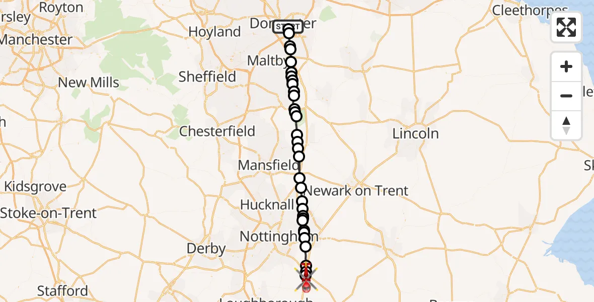 Flight path map showing Air Ambulance Helicopter route from RAF Doncaster to Rushcliffe