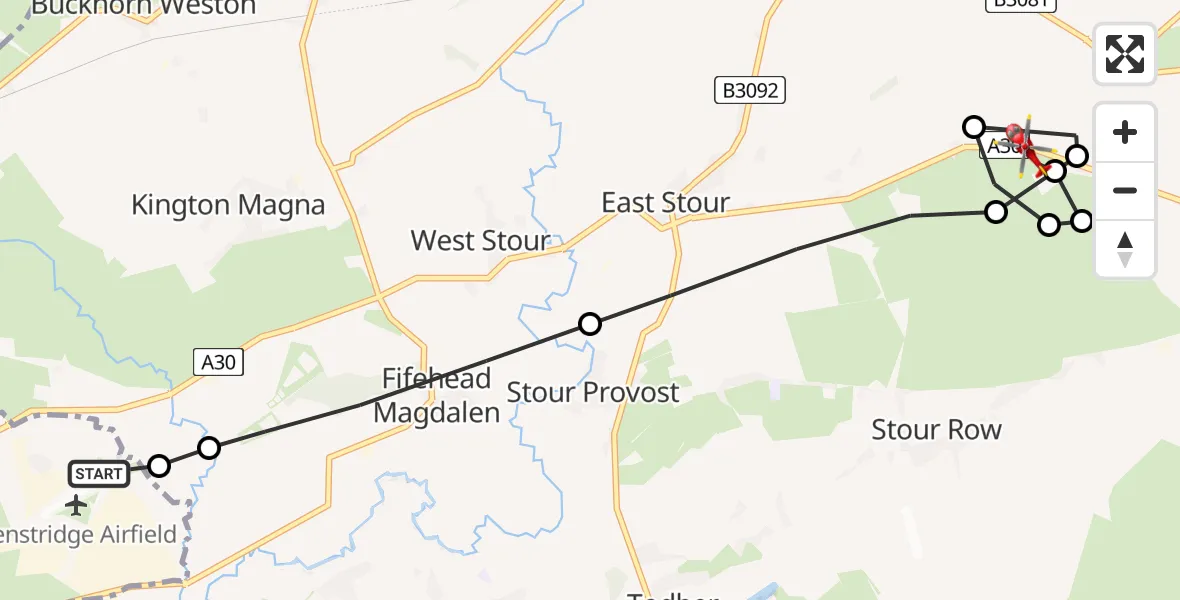 Flight path map showing Air Ambulance Helicopter route from Henstridge Airfield to Gillingham