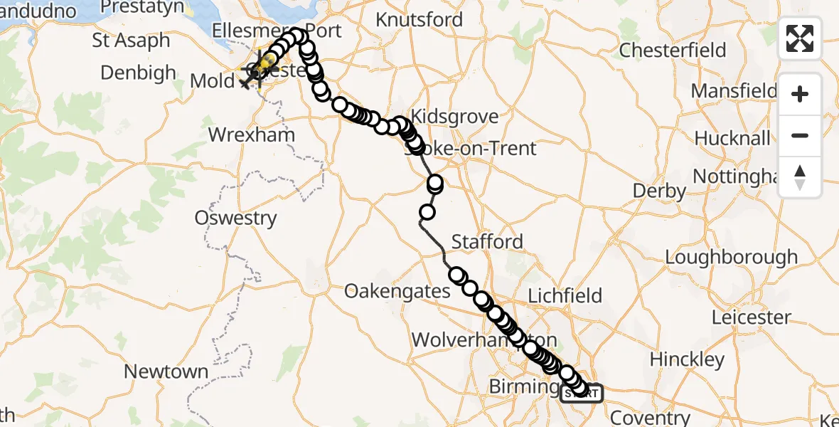 Flight path map showing Police Helicopter route from Birmingham Airport to Hawarden Airport