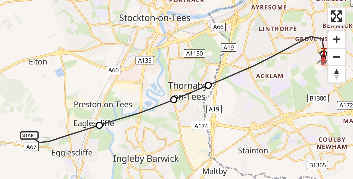 Flight path map showing Air Ambulance Helicopter route from Egglescliffe to James Cook University Hospital