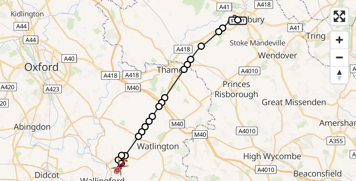 Flight path map showing Air Ambulance Helicopter route from Aylesbury to RAF Benson