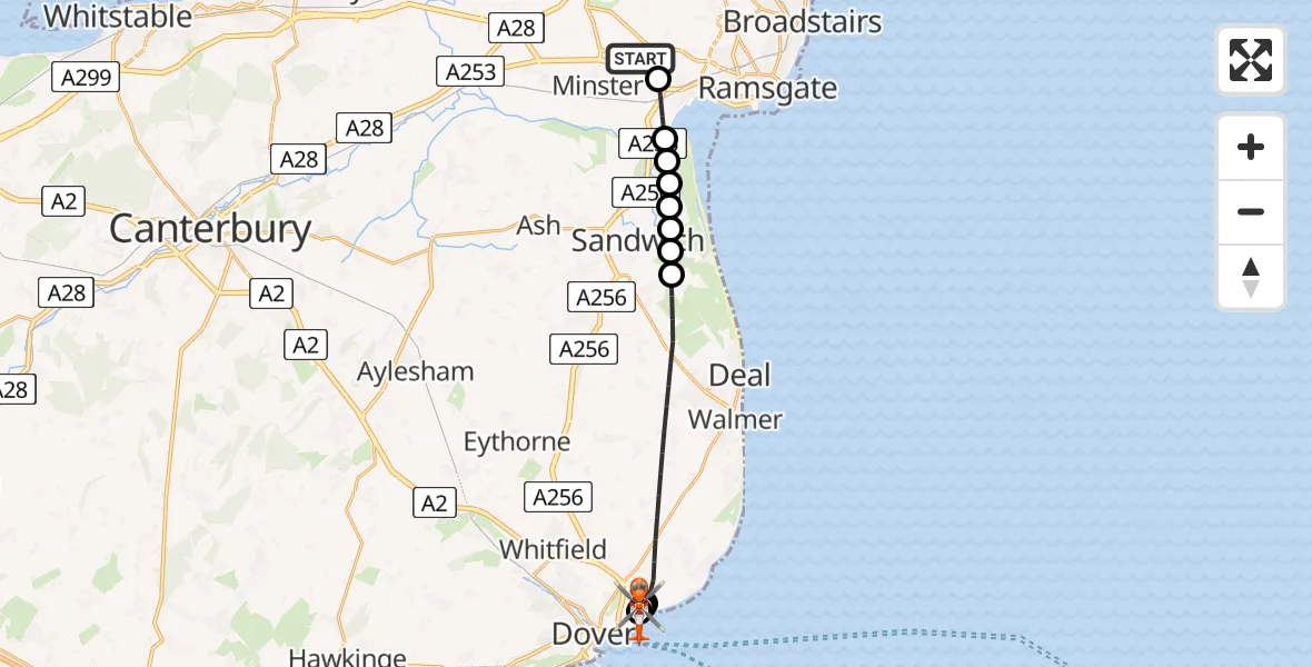 Flight path map showing Coastguard Helicopter route from Manston Airport to Langdon Battery Heliport
