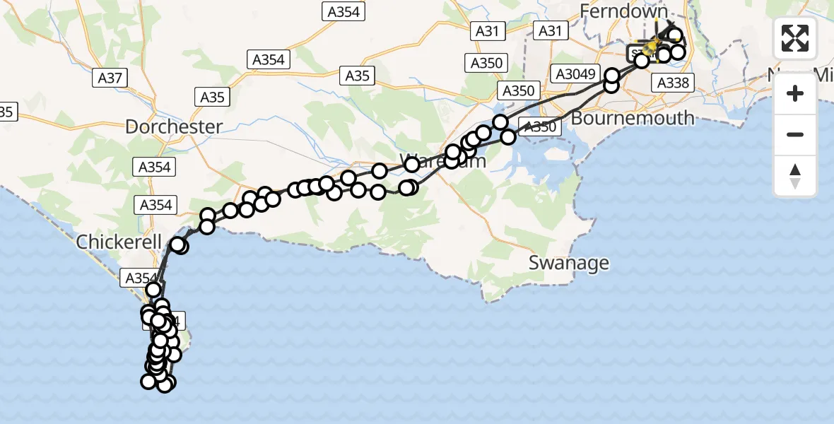 Flight path map showing Police Helicopter route from Hurn to Bournemouth Airport