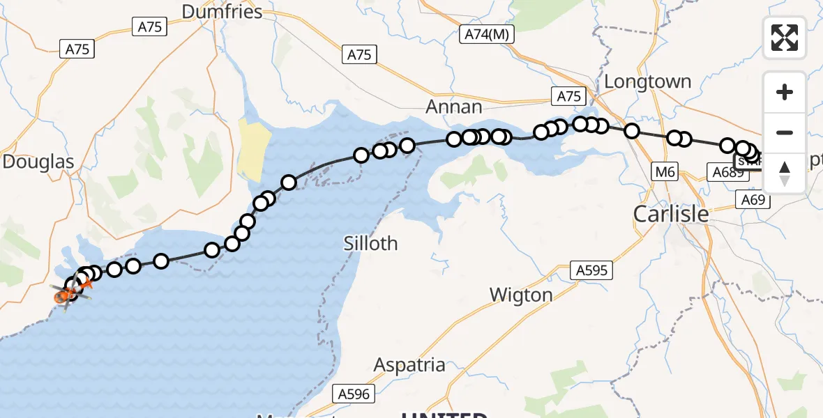 Flight path map showing Coastguard Helicopter route from Carlisle Lake District Airport to Balcary