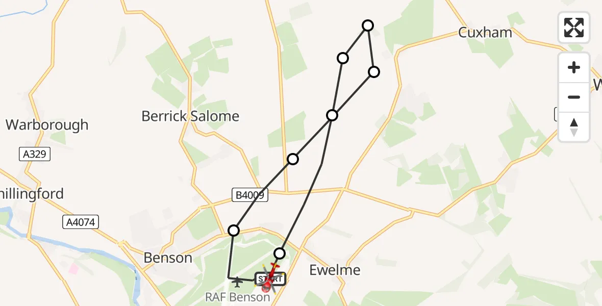 Flight path map showing Air Ambulance Helicopter route from RAF Benson to RAF Benson