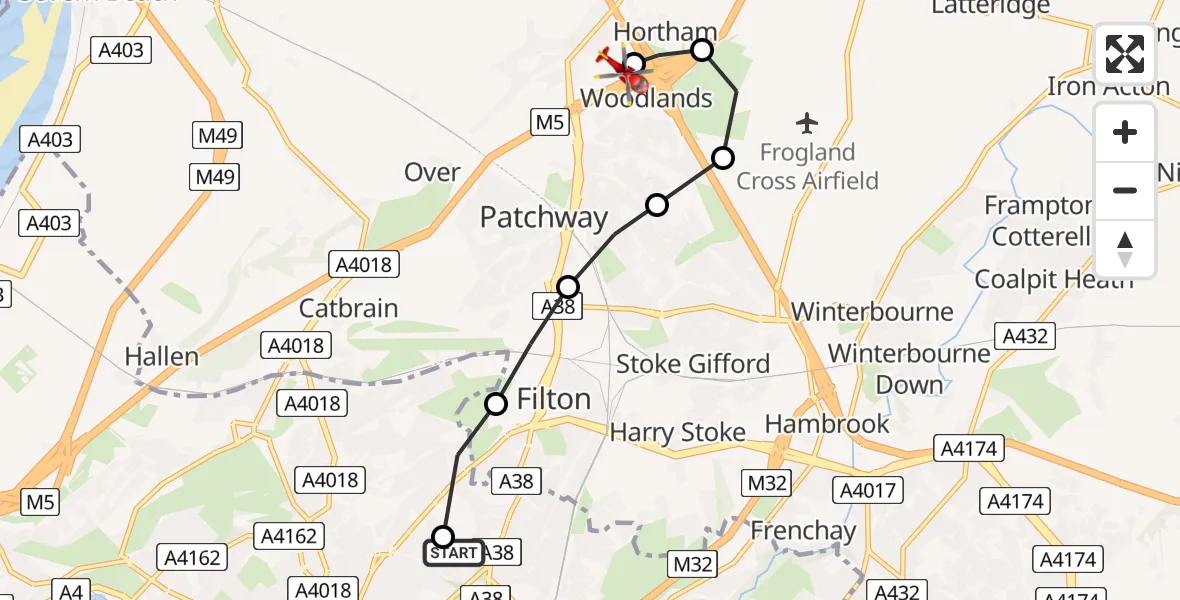 Flight path map showing Air Ambulance Helicopter route from Southmead Hospital to Almondsbury Helicopter Base