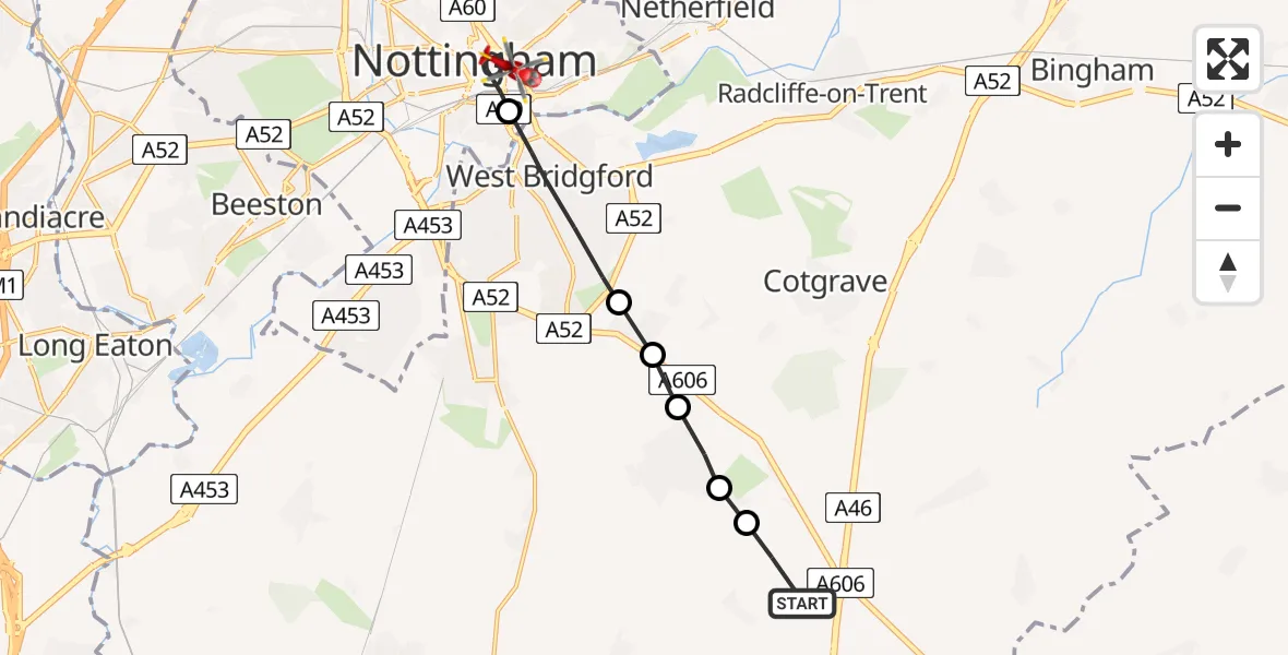 Flight path map showing Air Ambulance Helicopter route from Widmerpool to City of Nottingham