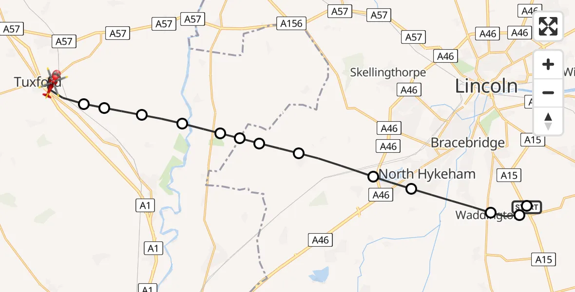 Flight path map showing Air Ambulance Helicopter route from RAF Waddington to Tuxford