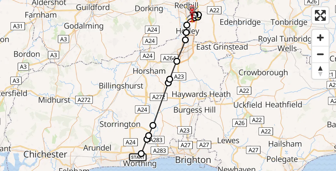 Flight path map showing Air Ambulance Helicopter route from Worthing to Redhill Aerodrome