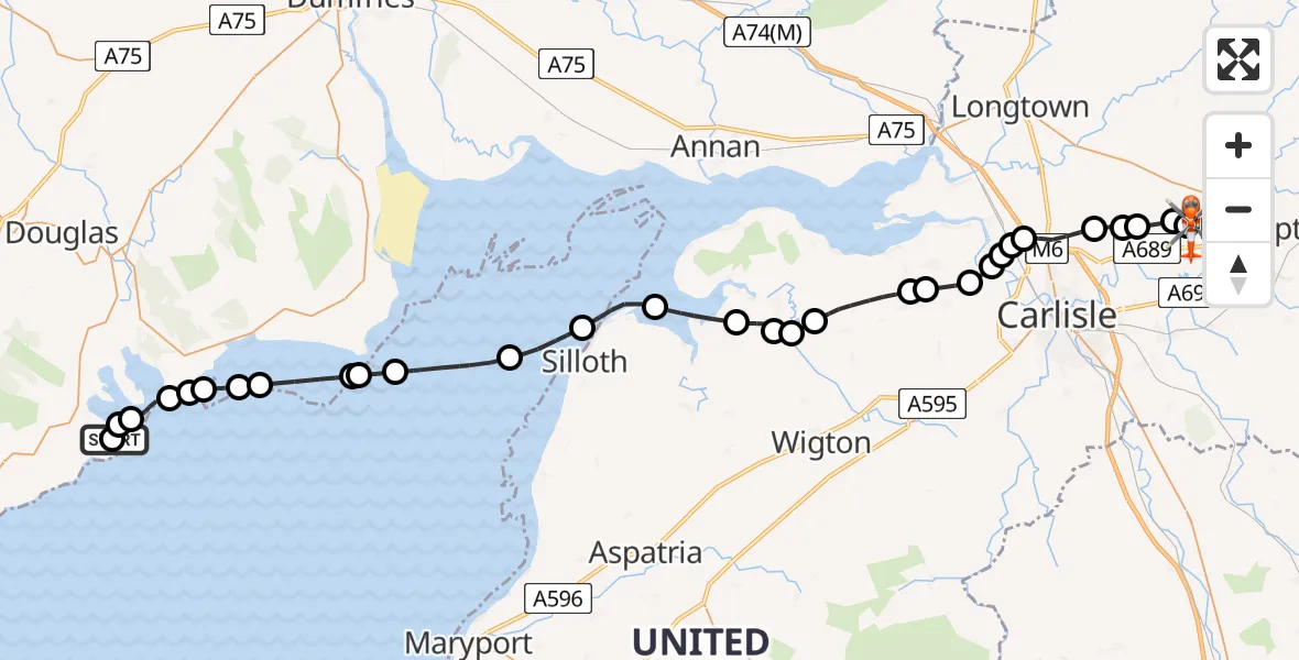 Flight path map showing Coastguard Helicopter route from Balcary to Carlisle Lake District Airport