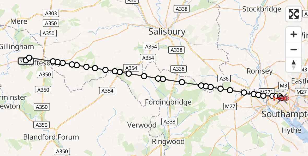 Flight path map showing Air Ambulance Helicopter route from Shaftesbury to University Hospital Southampton