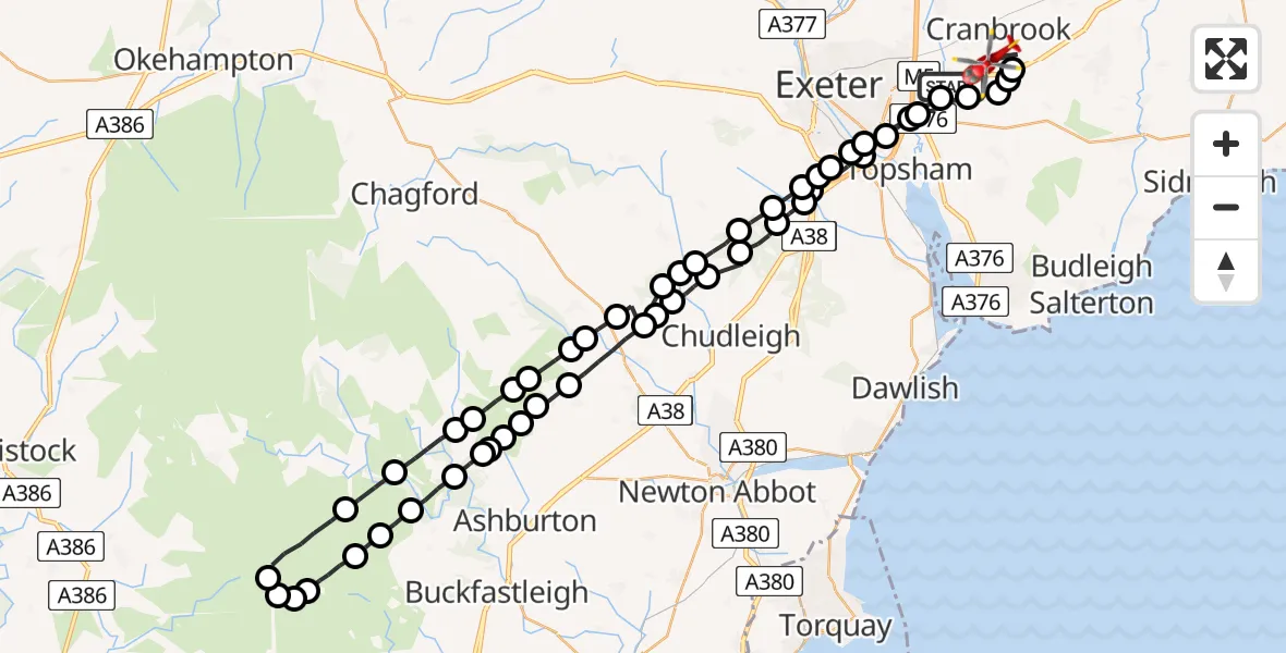 Flight path map showing Air Ambulance Helicopter route from Clyst Honiton to Exeter International Airport