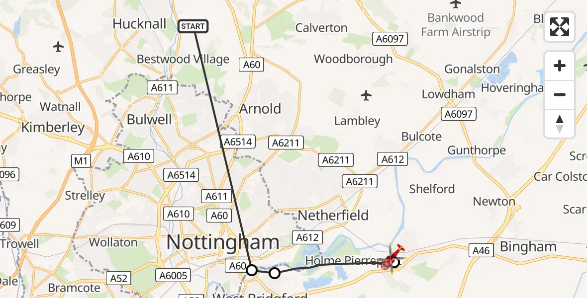 Flight path map showing Air Ambulance Helicopter route from Bestwood Village to Radcliffe on Trent