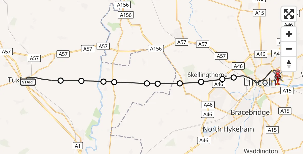 Flight path map showing Air Ambulance Helicopter route from Tuxford to Bracebridge