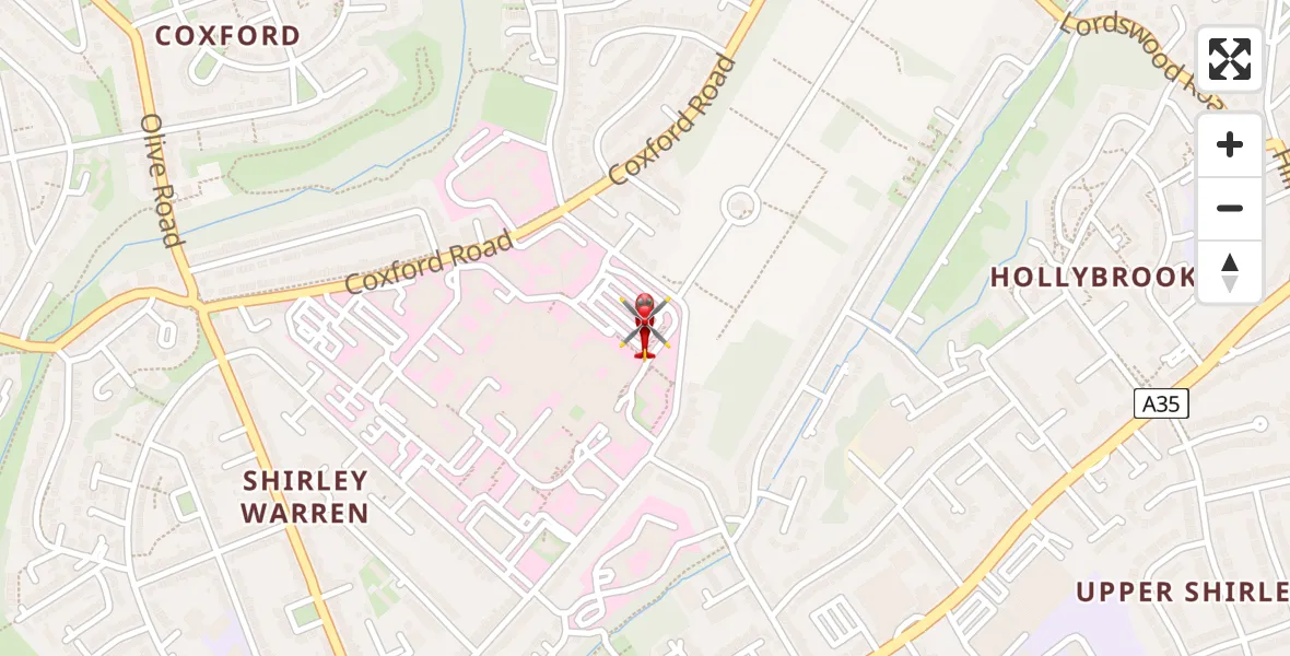 Flight path map showing Air Ambulance Helicopter route from University Hospital Southampton to University Hospital Southampton