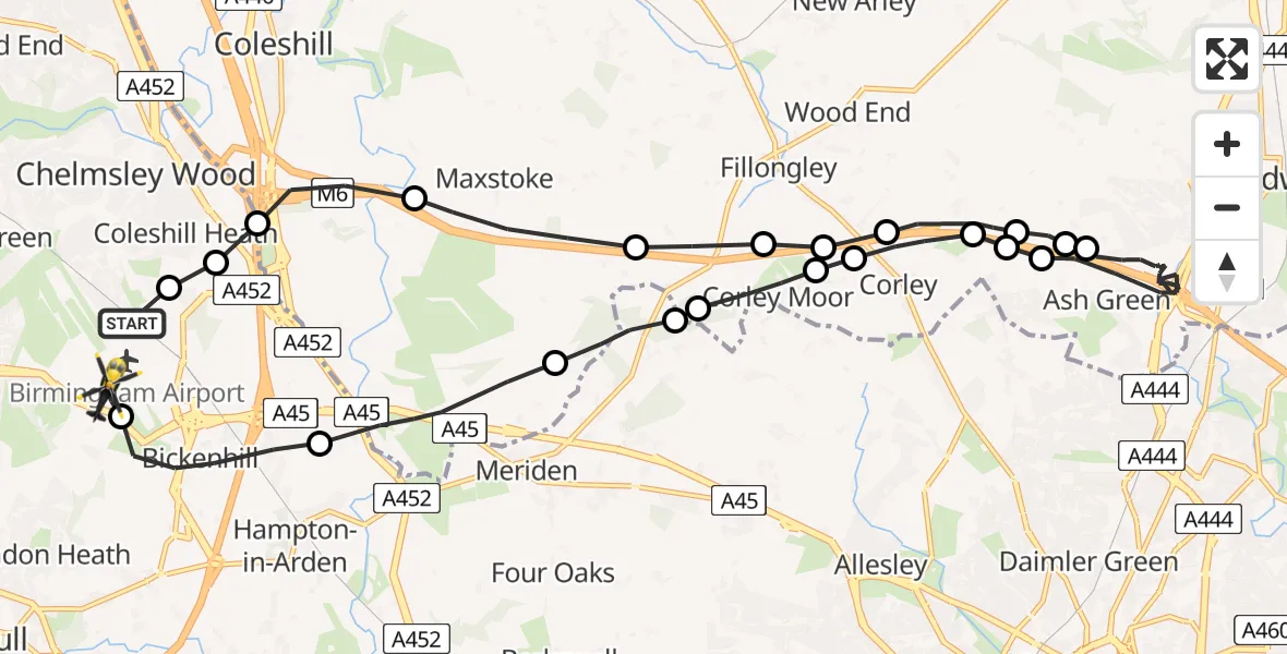 Flight path map showing Police Helicopter route from Birmingham Airport to Birmingham Airport