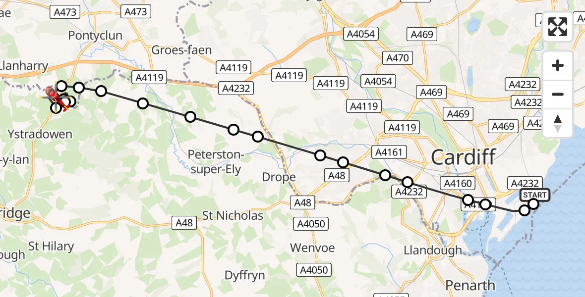 Flight path map showing Air Ambulance Helicopter route from Cardiff Heliport to Brynsadler