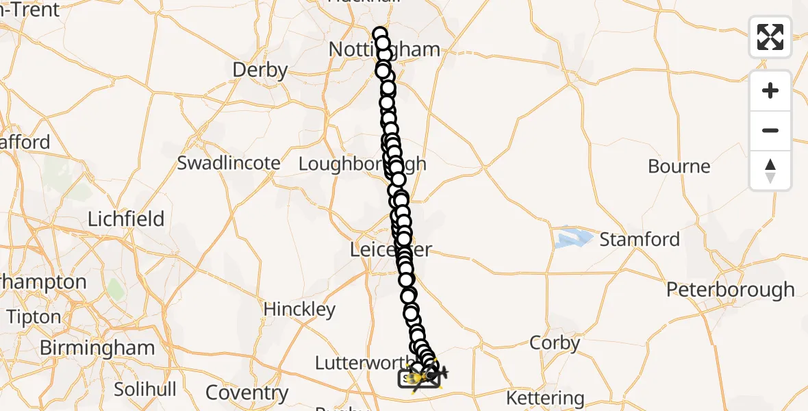 Flight path map showing Police Helicopter route from Husbands Bosworth to Harborough