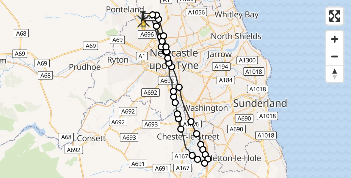 Flight path map showing Police Helicopter route from Newcastle International Airport to Newcastle International Airport