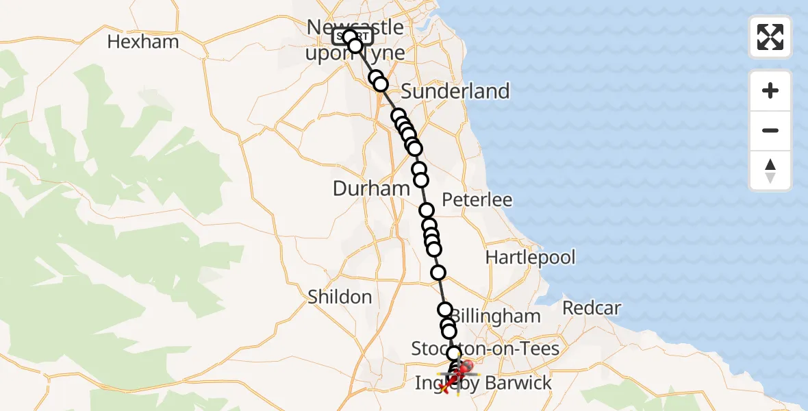 Flight path map showing Air Ambulance Helicopter route from Newcastle Royal Victoria Infirmary to Egglescliffe