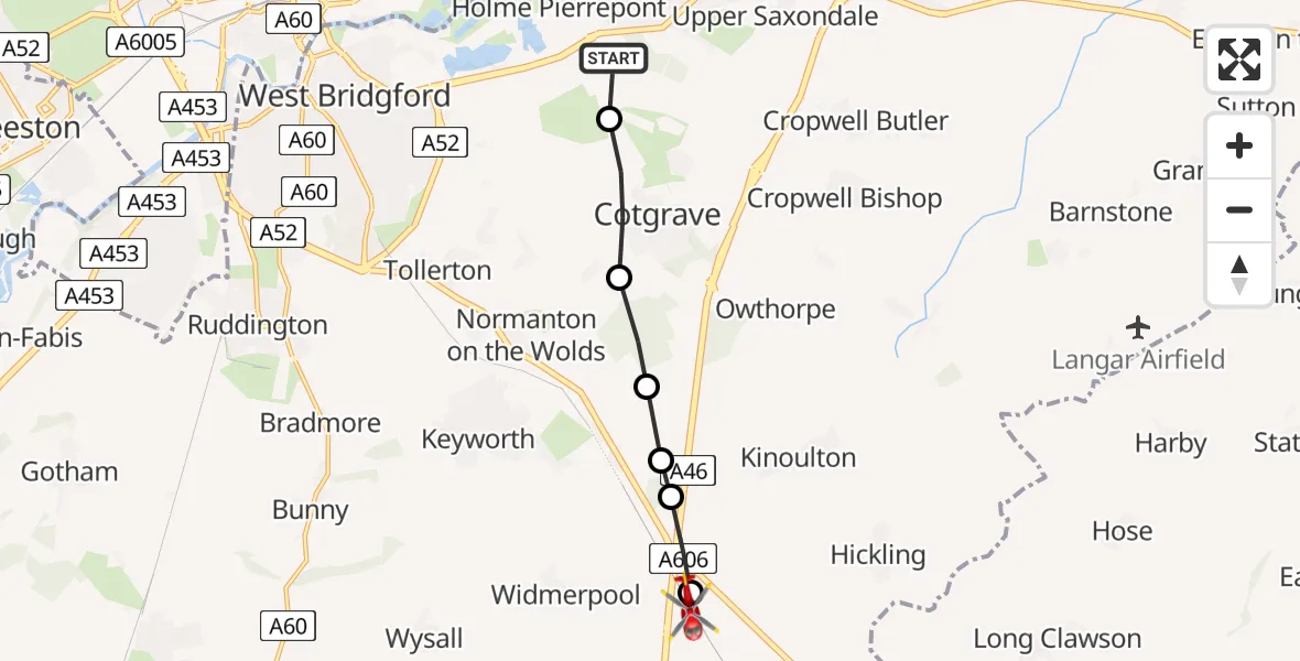 Flight path map showing Air Ambulance Helicopter route from Radcliffe on Trent to Rushcliffe