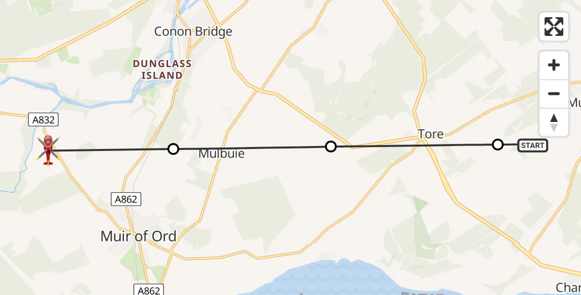 Flight path map showing Air Ambulance Helicopter route from Munlochy to Muir of Ord