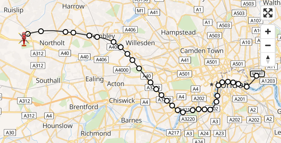 Flight path map showing Air Ambulance Helicopter route from Royal London Hospital to RAF Northolt