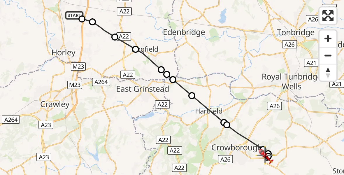 Flight path map showing Air Ambulance Helicopter route from Redhill Aerodrome to Rotherfield