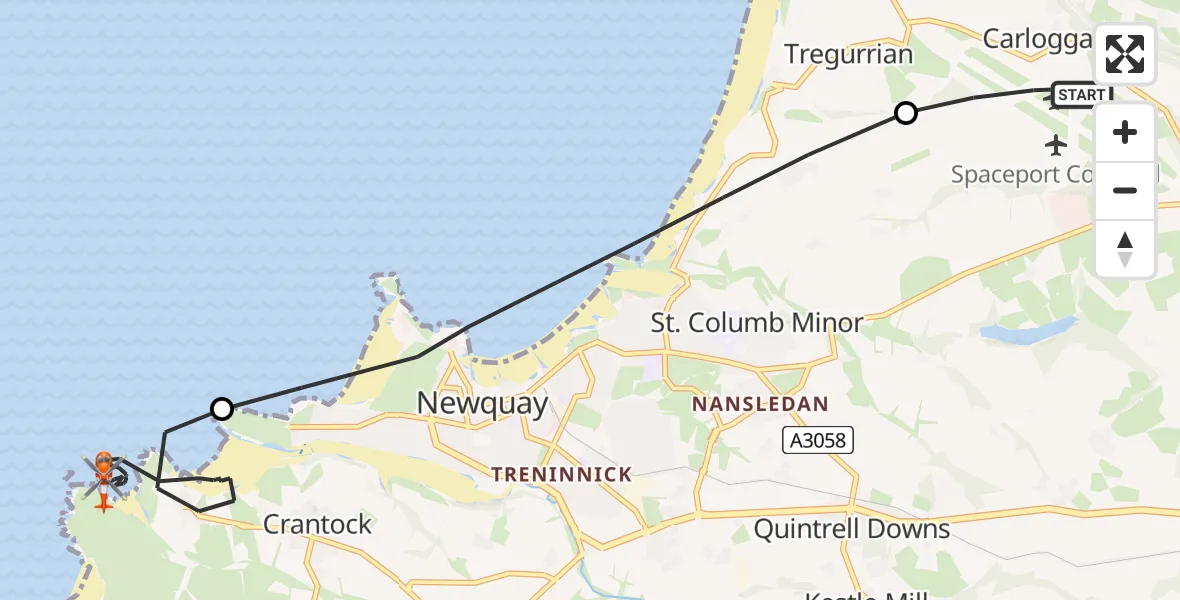 Flight path map showing Coastguard Helicopter route from Cornwall Airport Newquay to Crantock