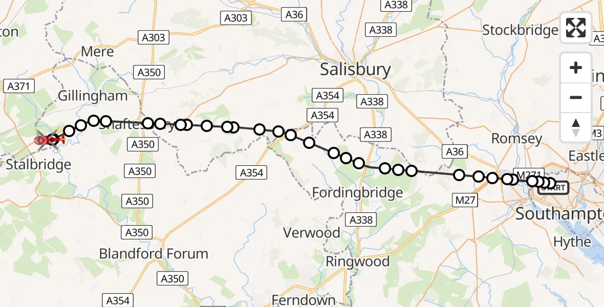 Flight path map showing Air Ambulance Helicopter route from University Hospital Southampton to Henstridge Airfield
