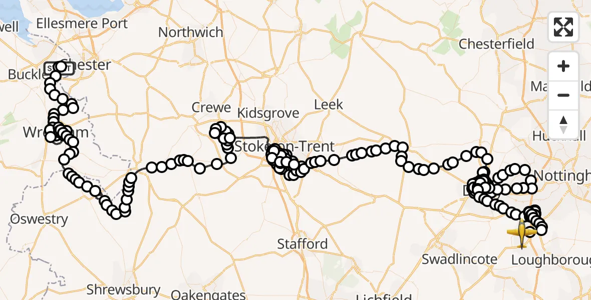 Flight path map showing Police Aircraft route from Hawarden Airport to East Midlands Airport