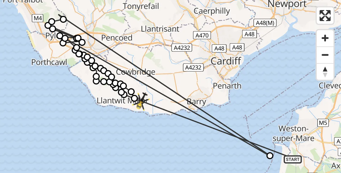Flight path map showing Police Helicopter route from Bleadon to MOD St Athan