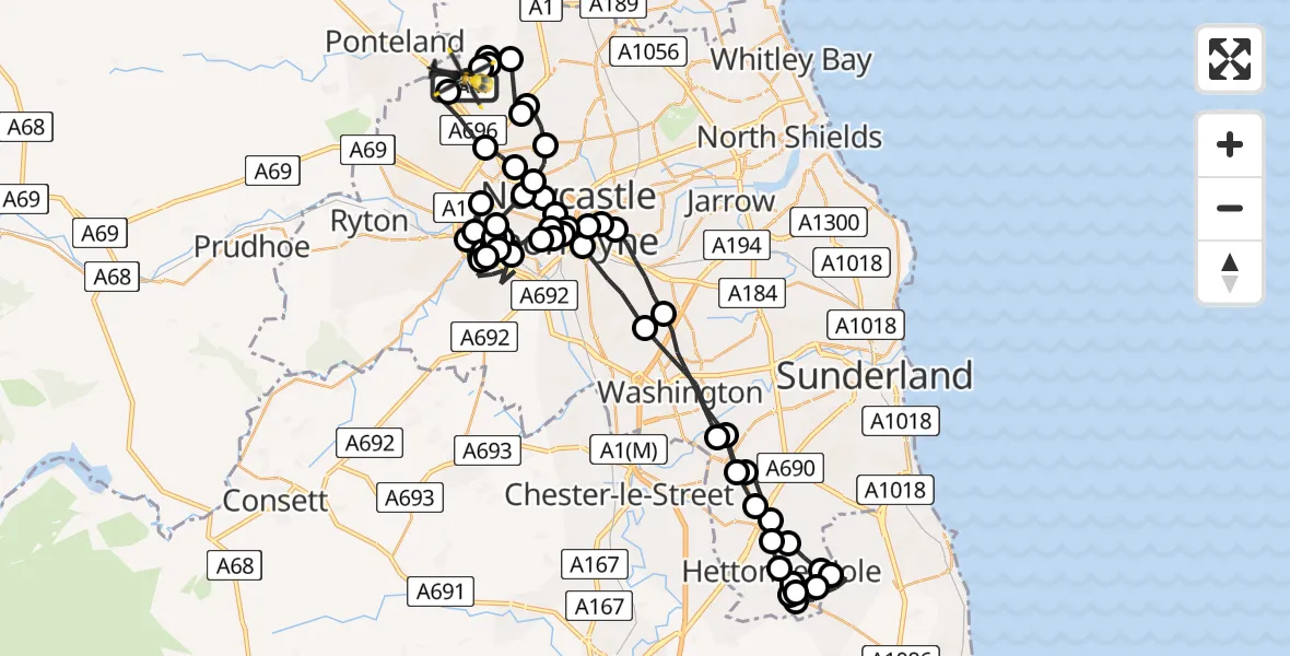Flight path map showing Police Helicopter route from Newcastle International Airport to Newcastle International Airport