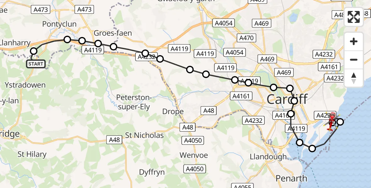 Flight path map showing Air Ambulance Helicopter route from Brynsadler to Cardiff Heliport