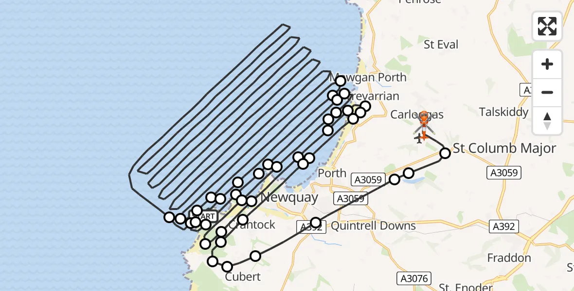 Routekaart van de vlucht: Coastguard Helicopter to Cornwall Airport Newquay