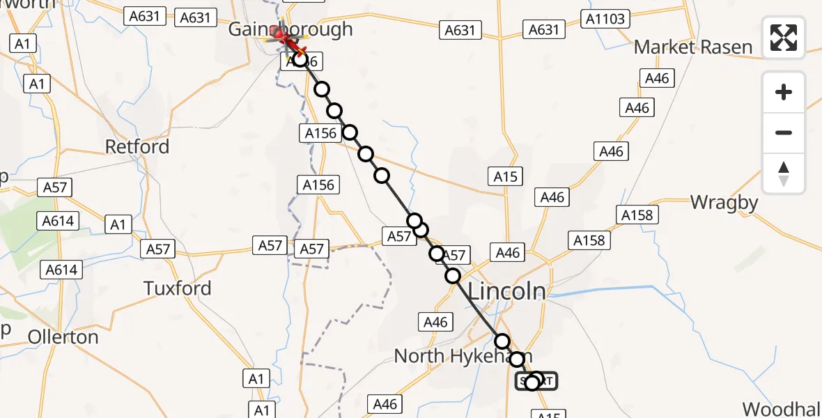 Flight path map showing Air Ambulance Helicopter route from RAF Waddington to Gainsborough CP