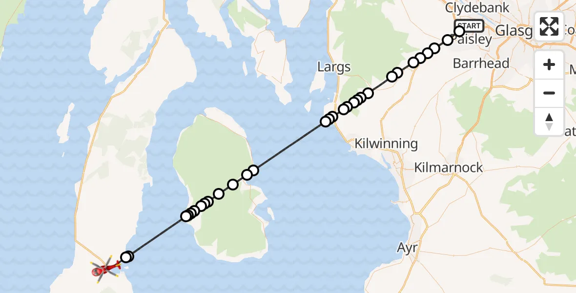 Flight path map showing Air Ambulance Helicopter route from Glasgow Airport to Campbeltown