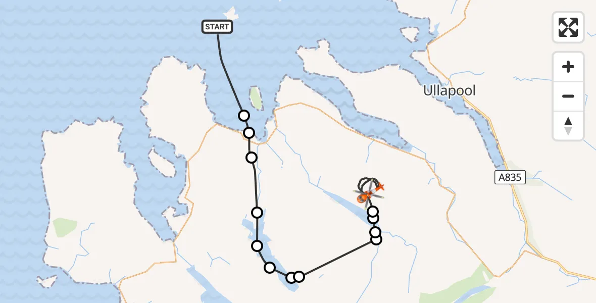 Flight path map showing Coastguard Helicopter route from Inner Seas to Highland
