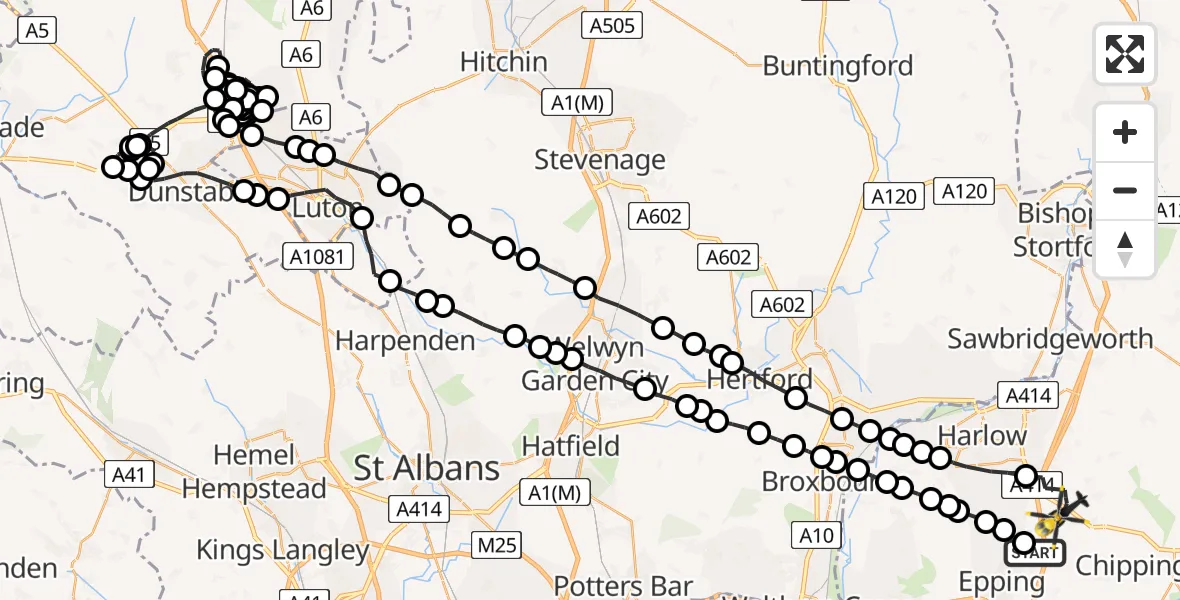 Flight path map showing Police Helicopter route from North Weald Bassett to North Weald Airfield