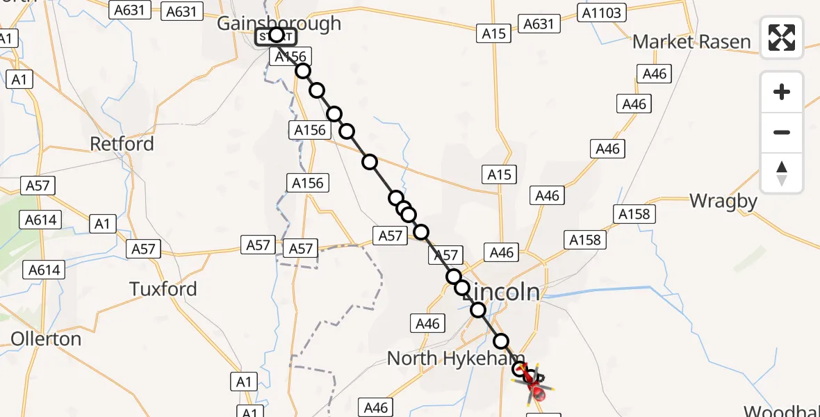 Flight path map showing Air Ambulance Helicopter route from Bassetlaw to North Kesteven