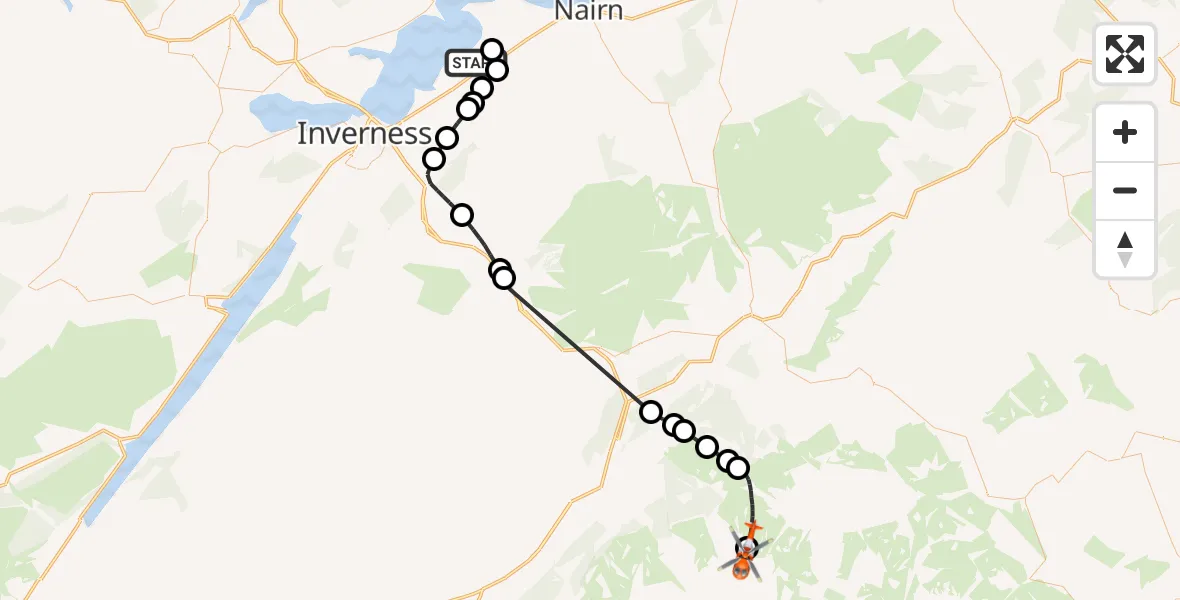 Flight path map showing Coastguard Helicopter route from Inverness Airport to Ciste Mhearad