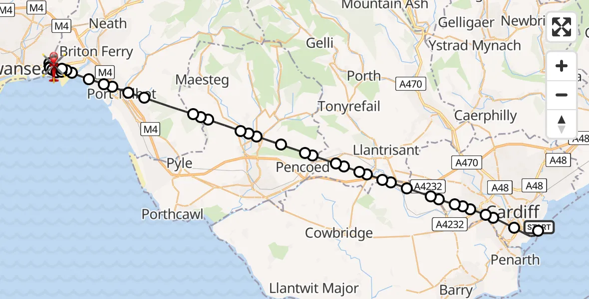 Flight path map showing Air Ambulance Helicopter route from Cardiff Heliport to Jersey Marine