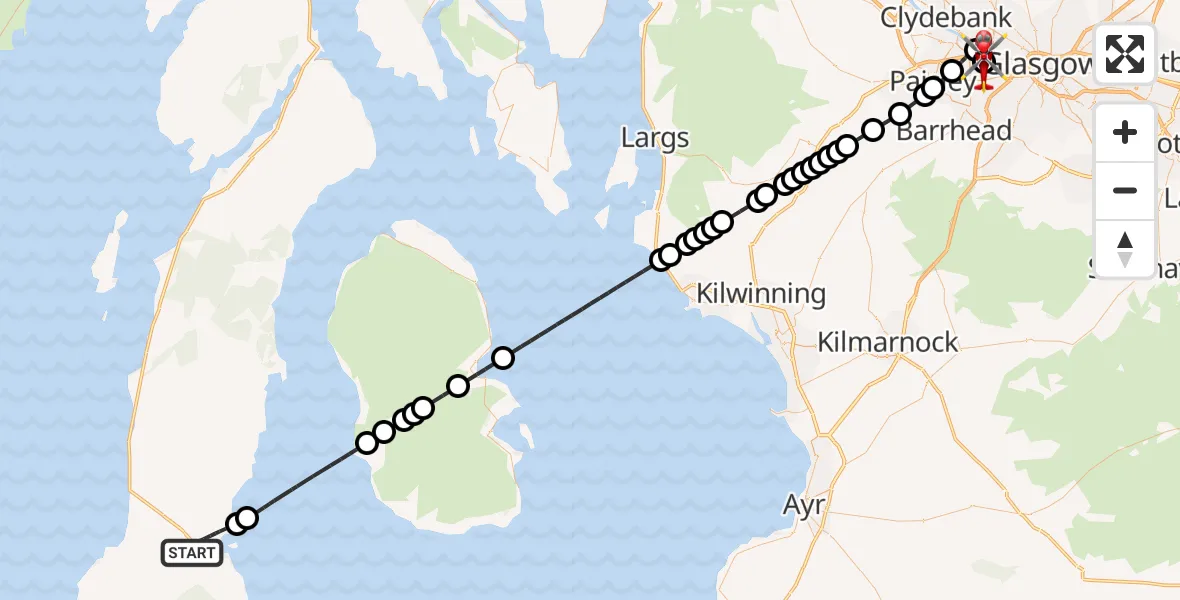 Flight path map showing Air Ambulance Helicopter route from Campbeltown to Queen Elizabeth Hospital