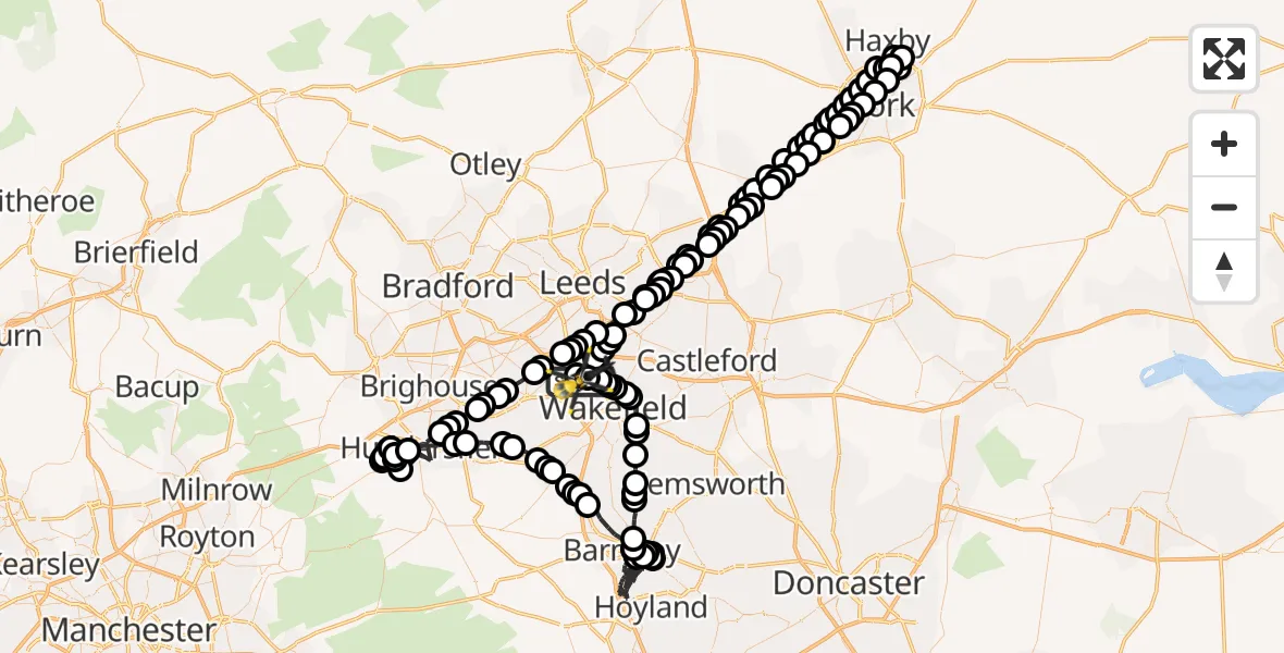 Flight path map showing Police Helicopter route from East Ardsley to Wrenthorpe