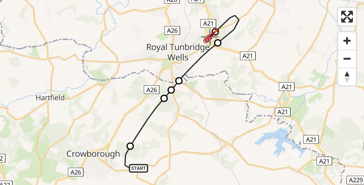 Flight path map showing Air Ambulance Helicopter route from Rotherfield to Tunbridge Wells Hospital Heliport